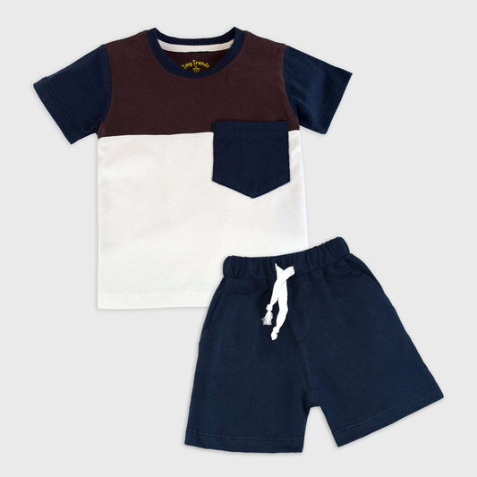 Color block Panel set Long Shorts (Navy blue, brown & white)