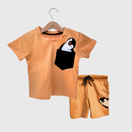 Kids Peek-a-Boo Penguin Shorts & Tee Set (Mustard yellow)