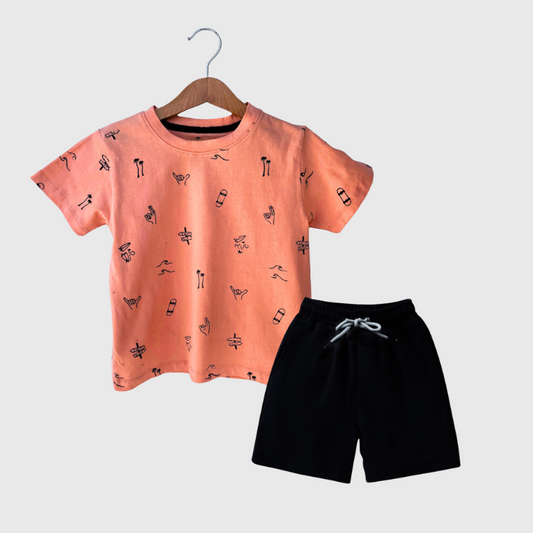 Kids Sunny Summer doodles Shorts & Tee Set (Peach)