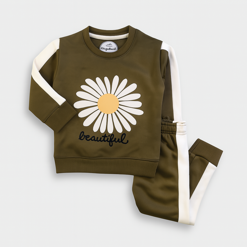 Beautiful Daisy Striped polyester Fleece Set (Olive Green)