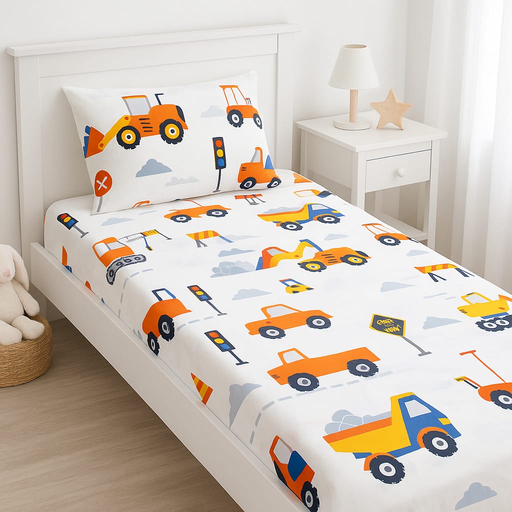 🚧 Little Builder Bedsheet – Single Cotton Bedsheet