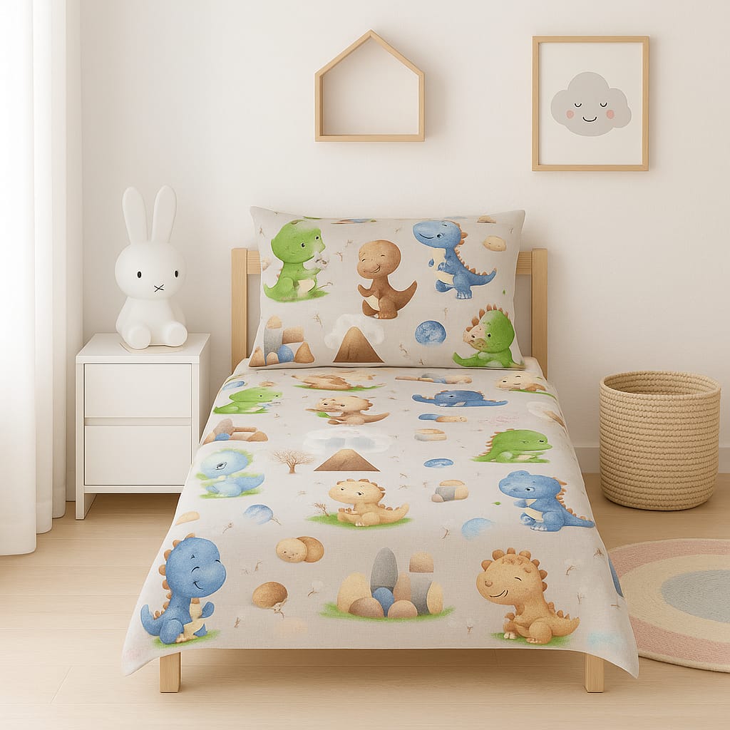 Tiny Dinos Adventure Bedsheet β Single Cotton Kids Bedding Set