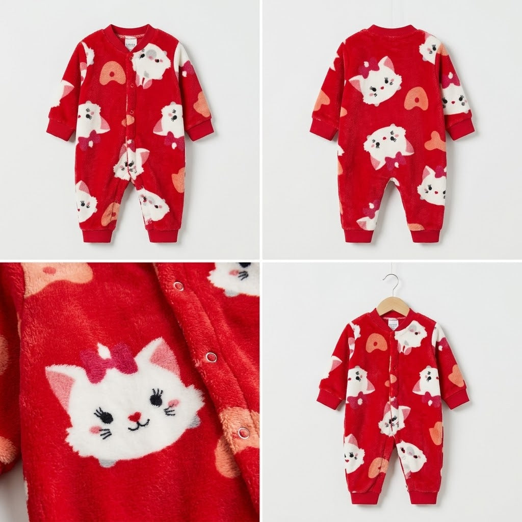 Cat Whisker Feline Print Plush Fleece Romper - Cherry Red