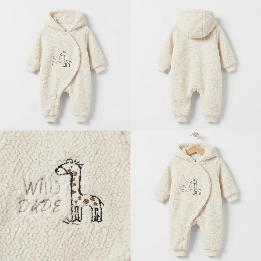 Wild Dude Cozy Hooded Sherpa Fleece Baby Romper- Creamy white