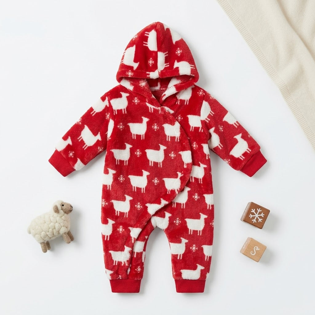 Cuddle-Up Sheep Print Hooded Baby Romper - Red