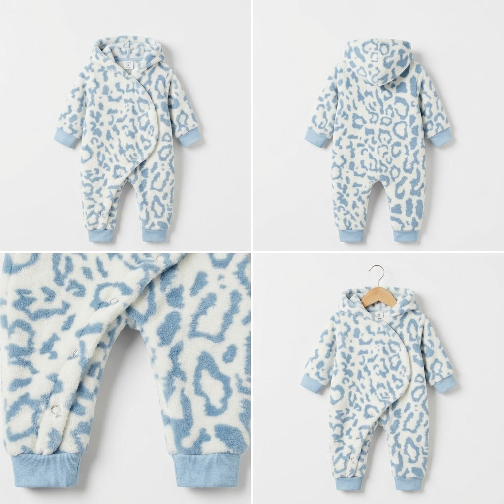 Cozy fleece Hooded Wrap Baby Jumpsuit - Blue Leopard print