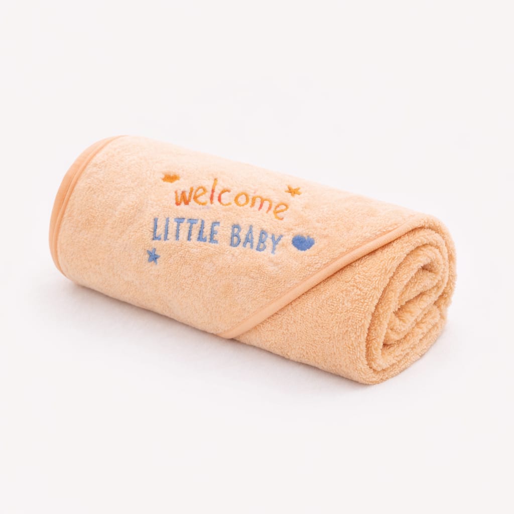 Peach Hooded Baby Towel – Welcome Little Baby Soft Cotton Newborn Bath Wrap with Embroidery