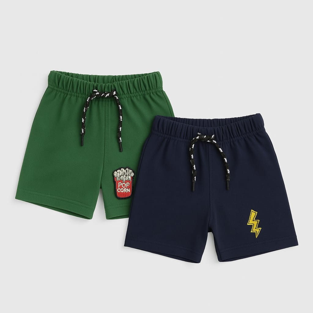 Pop & Bolt – Pack of 2 Kids’ Cotton Shorts (Green & Navy)