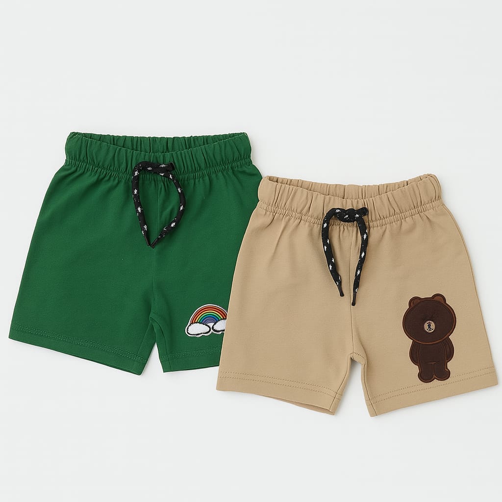 Bear & Rainbow – Pack of 2 Kids’ Cotton Shorts (Beige & Green)