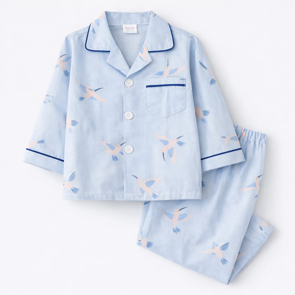 Blue Birdy Cotton Full-Sleeve Night Suit for Kids