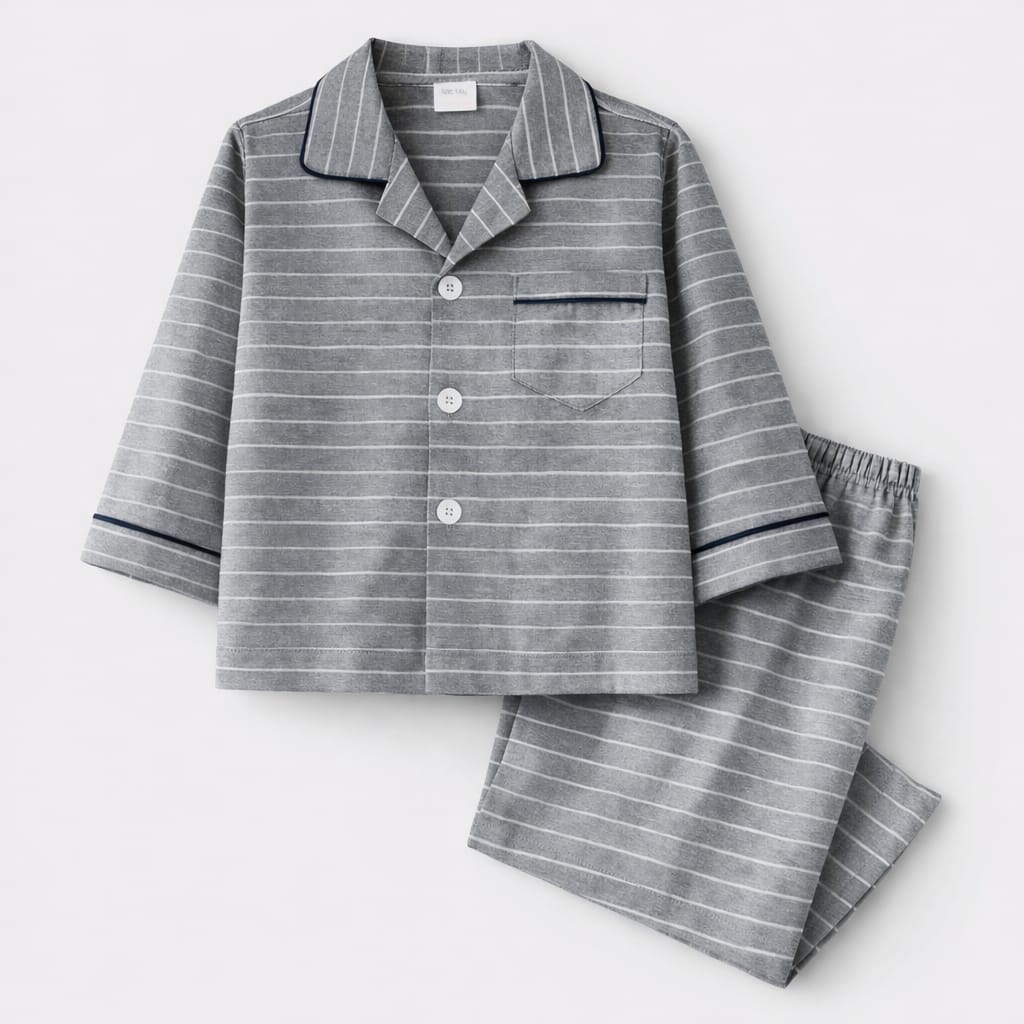 Soft Grey Stripe Cotton Full-Sleeve Night Suit for Kids