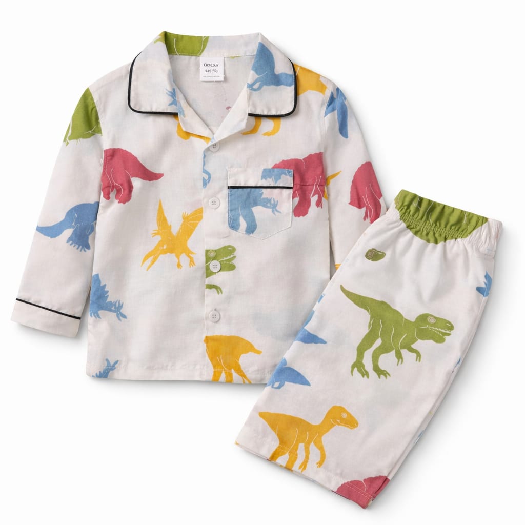 Color Pop Dinosaur Cotton Kids Night Suit – Button Down Pajama Set (2 Piece)