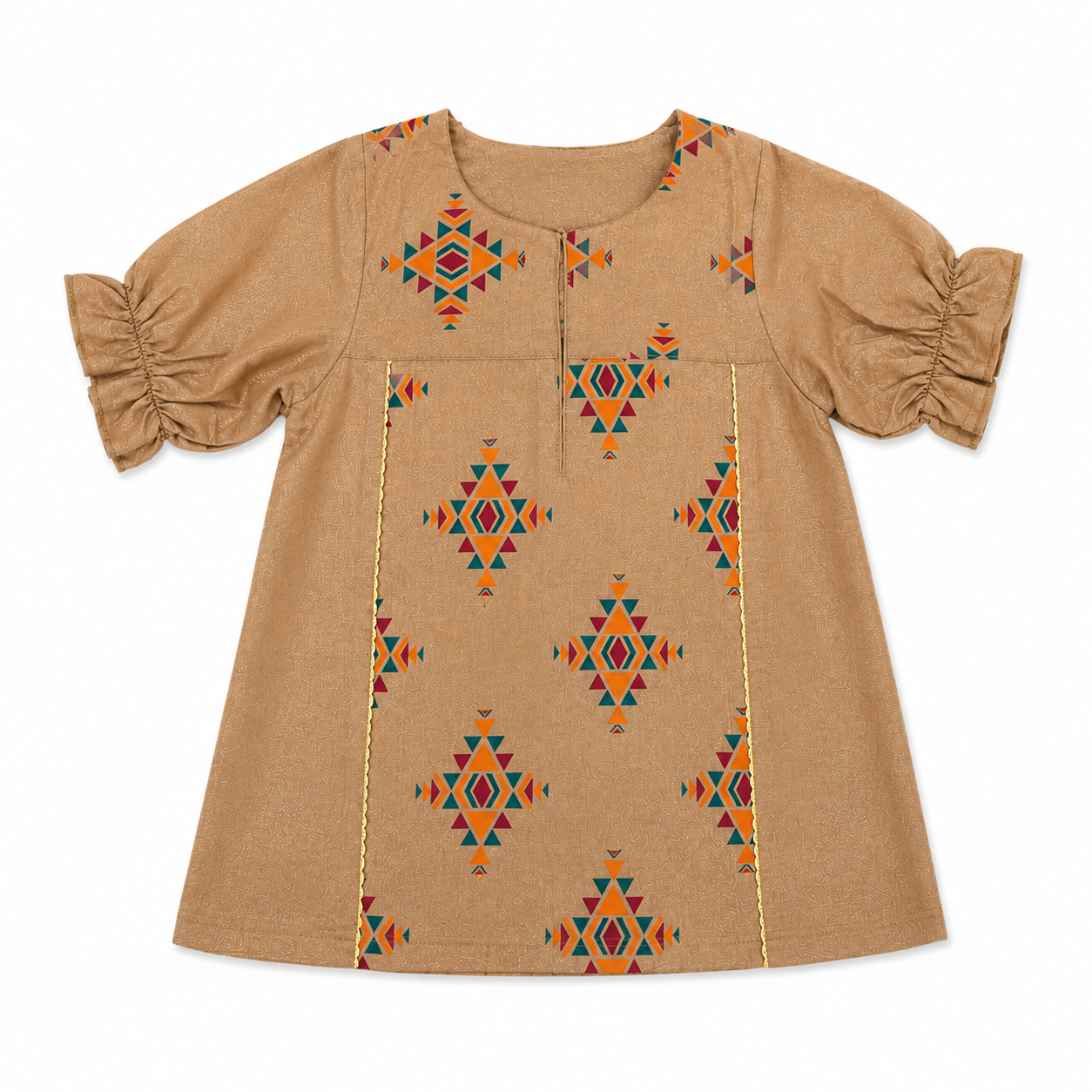 Shimmery Geometric Print Girls Dress – Camel Brown
