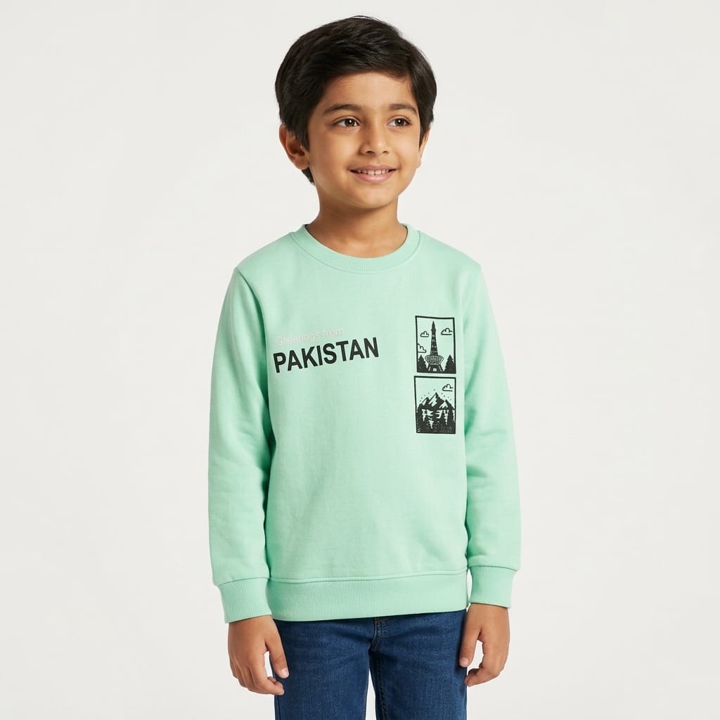 Kids Mint Green "Greetings from Pakistan" Graphic Sweatshirt
