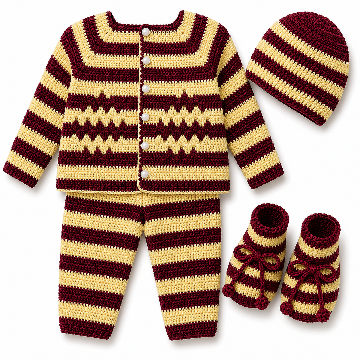 Maroon & Cream Striped Hand-Knitted Baby Winter 4-Piece Set
