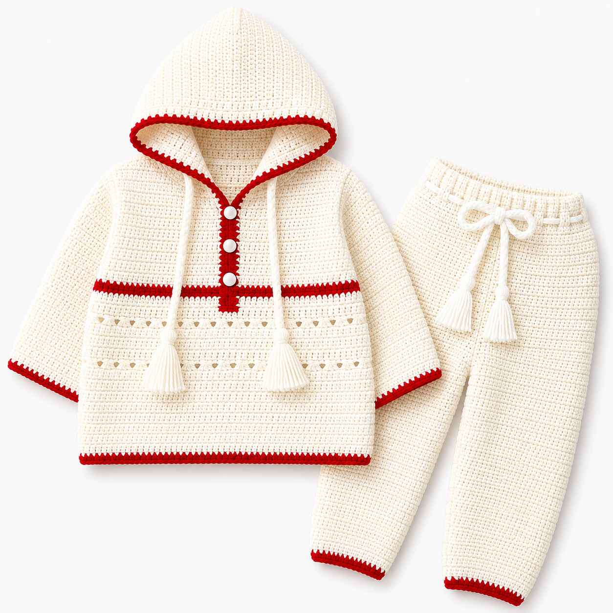 Cream & Red Hand Crochet Hooded 2-Piece Winter Set