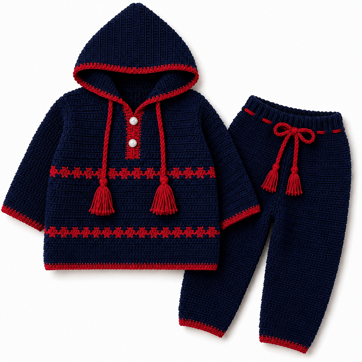Navy Blue & Red Hand Crochet Hooded 2 piece Winter Set (0-6 Months)