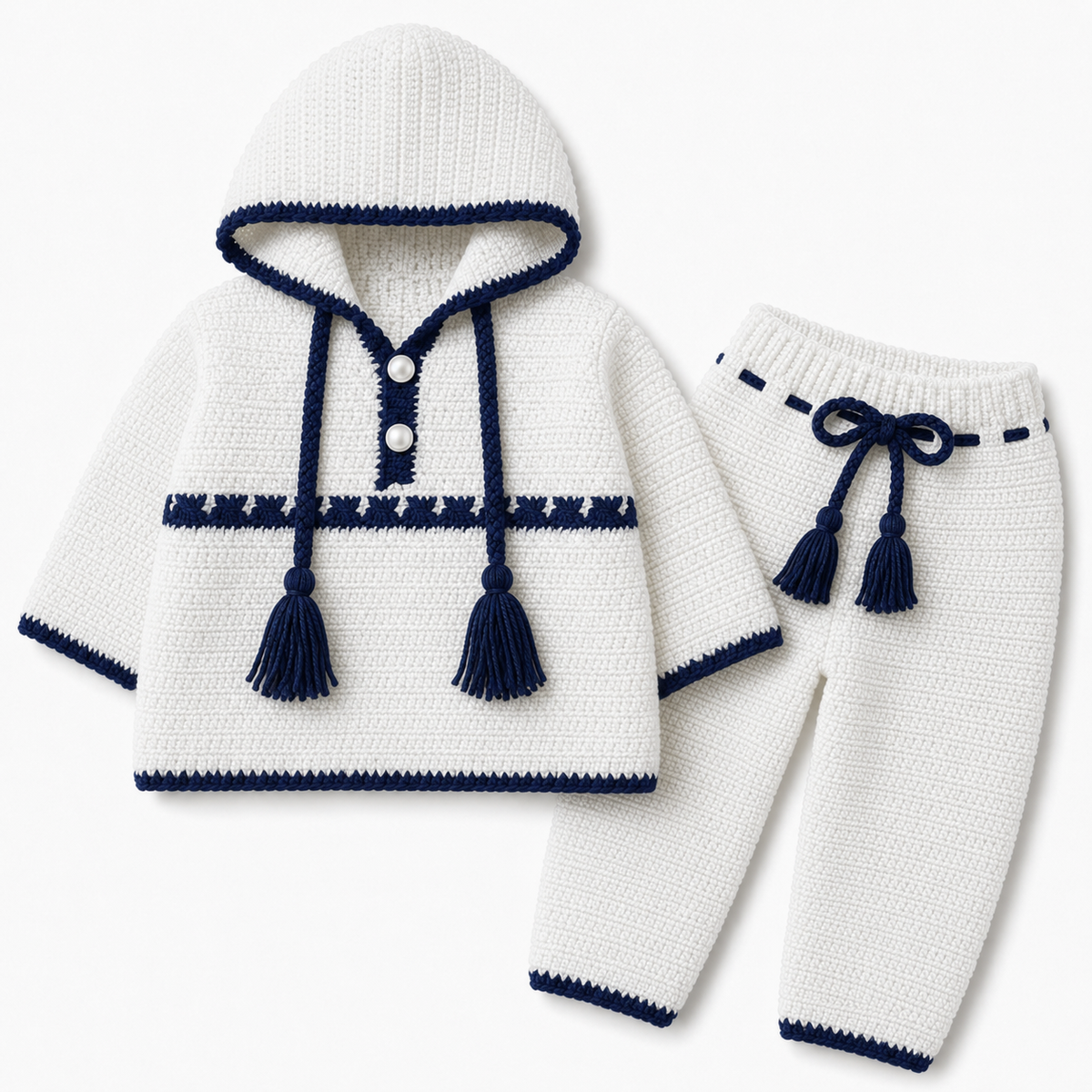 White & Navy Blue Hand Crochet Hooded 2 Piece Winter Set (0-6 Months)