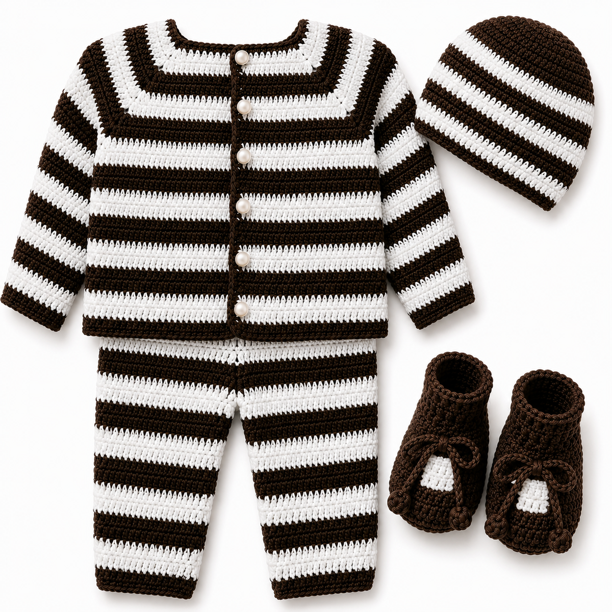 Chocolate Brown & White Striped Hand-Knitted Baby Winter 4-Piece Set