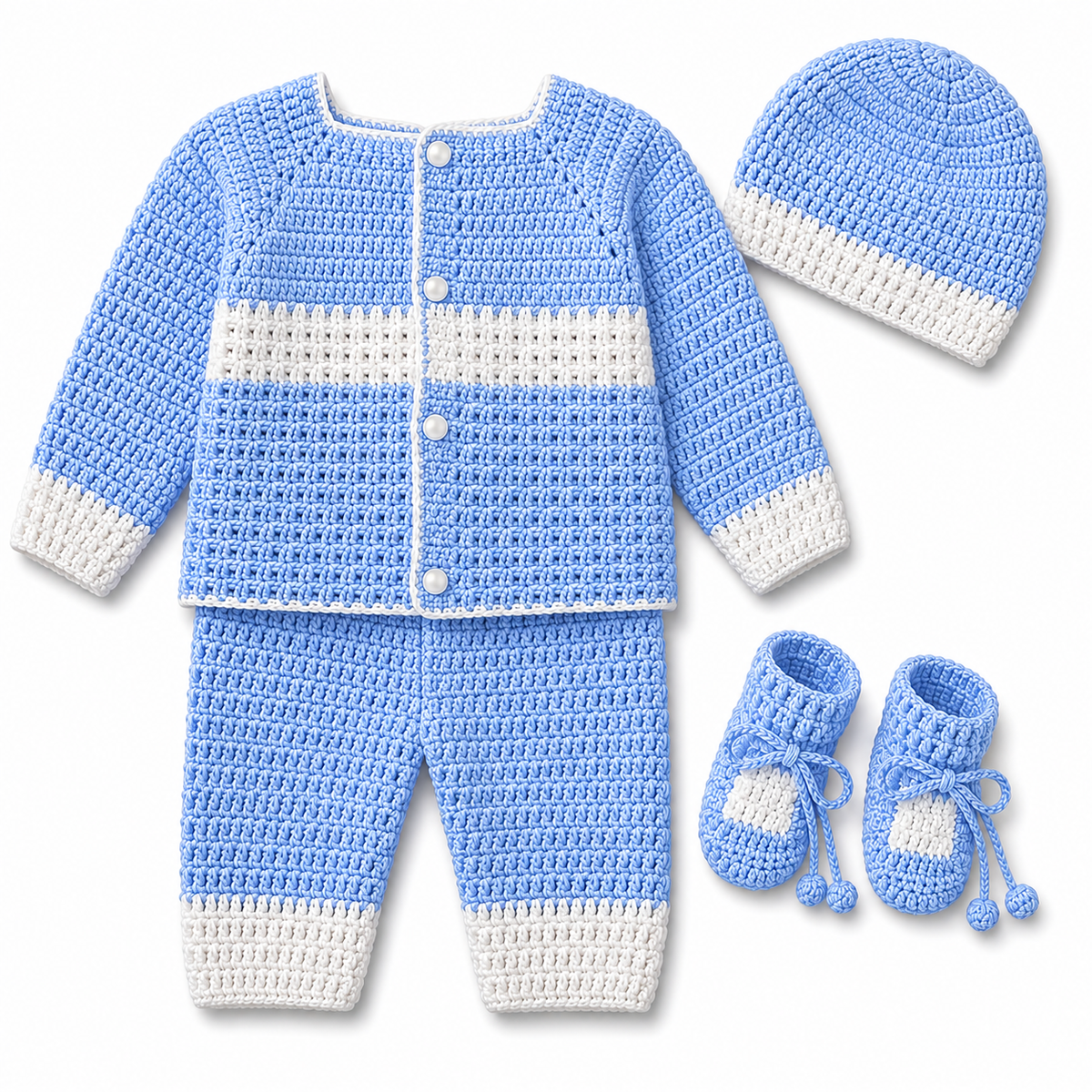 Sky Blue & White Hand-Knitted Baby 4-Piece Winter Set