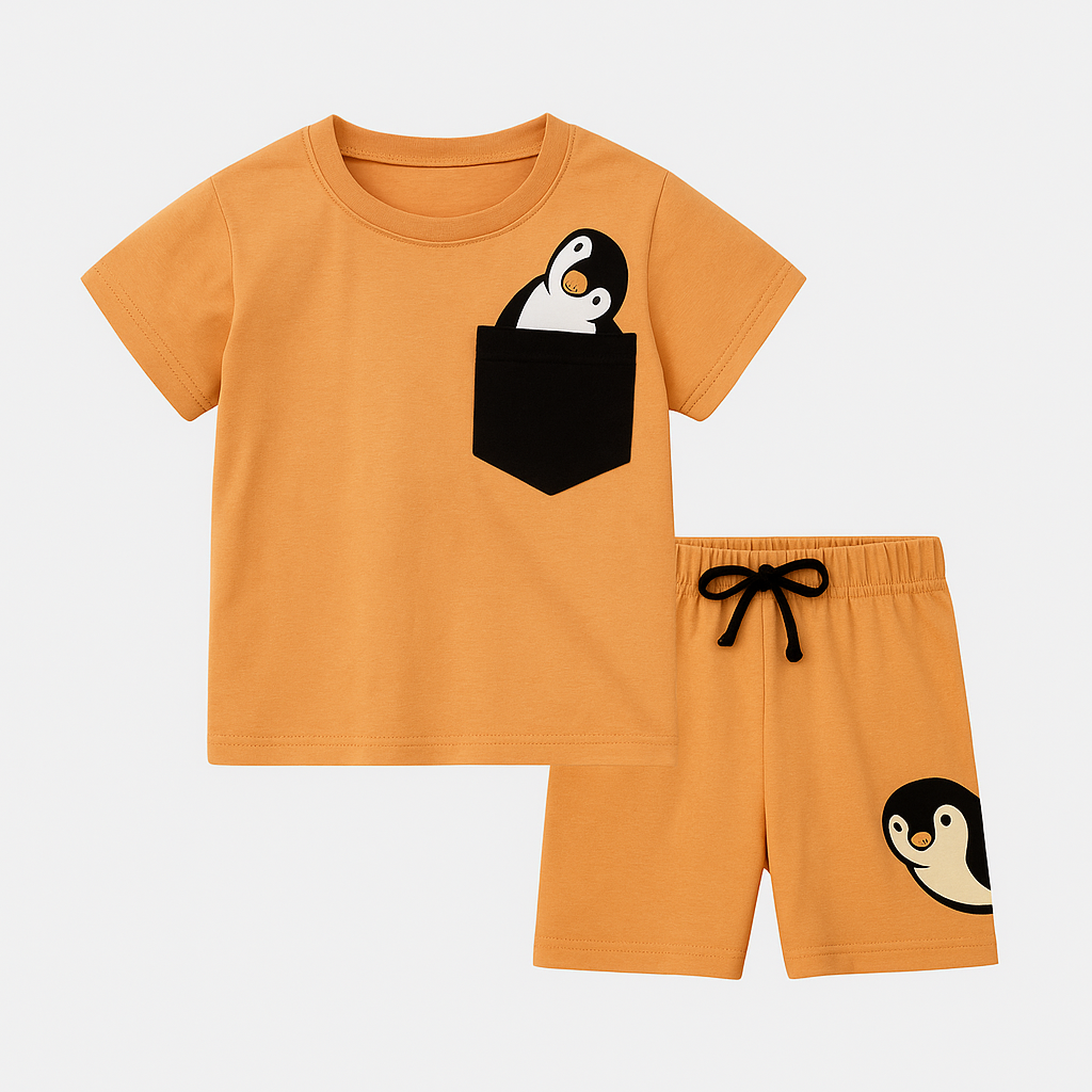 Kids Peek-a-Boo Penguin Shorts & Tee Set (Mustard yellow)