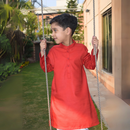 Bright Red Textured Cotton Kurta