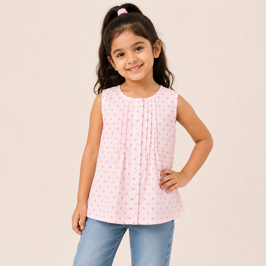 Pink Polka Charm Sleeveless Girls Top – Soft Cotton Summer Wear