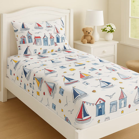 🏖 Seaside Huts & Sailboats Kids Bedsheet