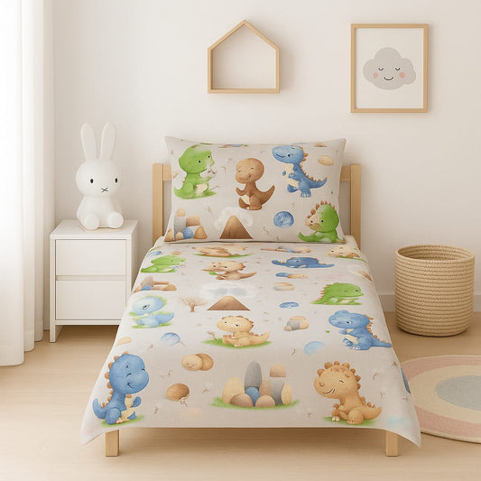 Tiny Dinos Adventure Bedsheet – Single Cotton Kids Bedding Set