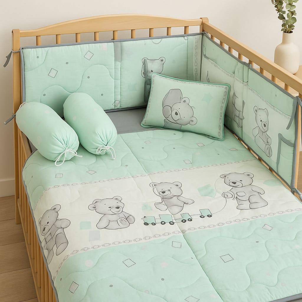 CuddleBear Dreams – 6-Piece Mint Baby Cot Set