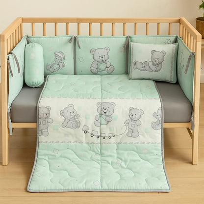 CuddleBear Dreams – 6-Piece Mint Baby Cot Set
