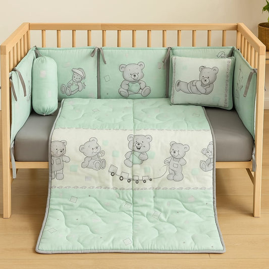 CuddleBear Dreams – 6-Piece Mint Baby Cot Set