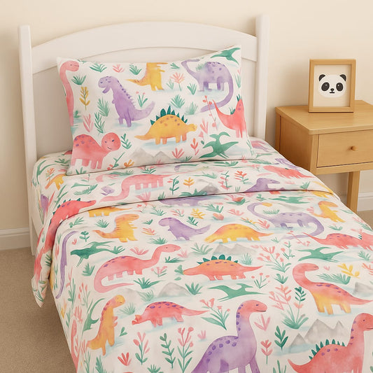 Pastel Dino Parade Bedsheet (Premium Cotton collection)