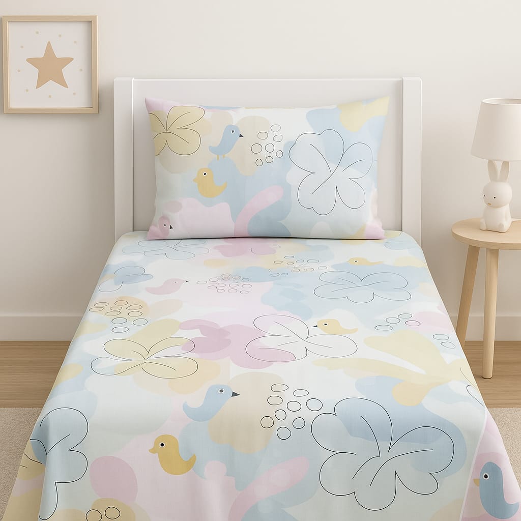 🌸 Pastel Birds Kids Bedsheet Set – Soft Spring Dreams