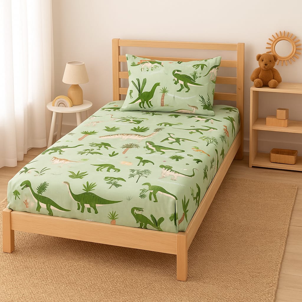 Dino Discovery Kids Bedsheet Set – Mint Green Prehistoric Adventure