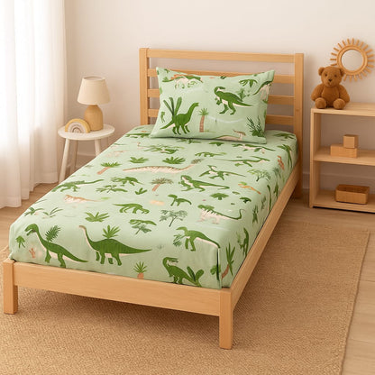 Dino Discovery Kids Bedsheet Set – Mint Green Prehistoric Adventure