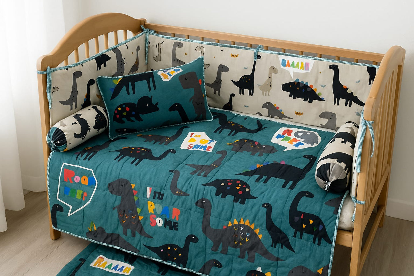Roarsome Adventures Premium Cotton 6-Piece Dino Cot Bedding Set