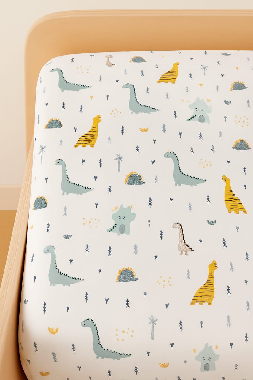 Baby Dino & Hedgehog Forest – Premium Fitted Bedsheet (Single Size)
