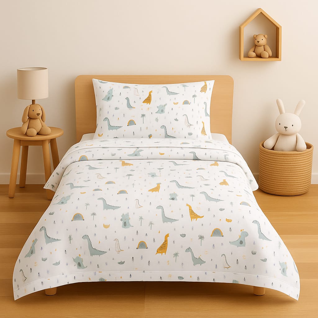 Baby Dino & Hedgehog Forest – Single Cotton Bedsheet (All-Over Print)