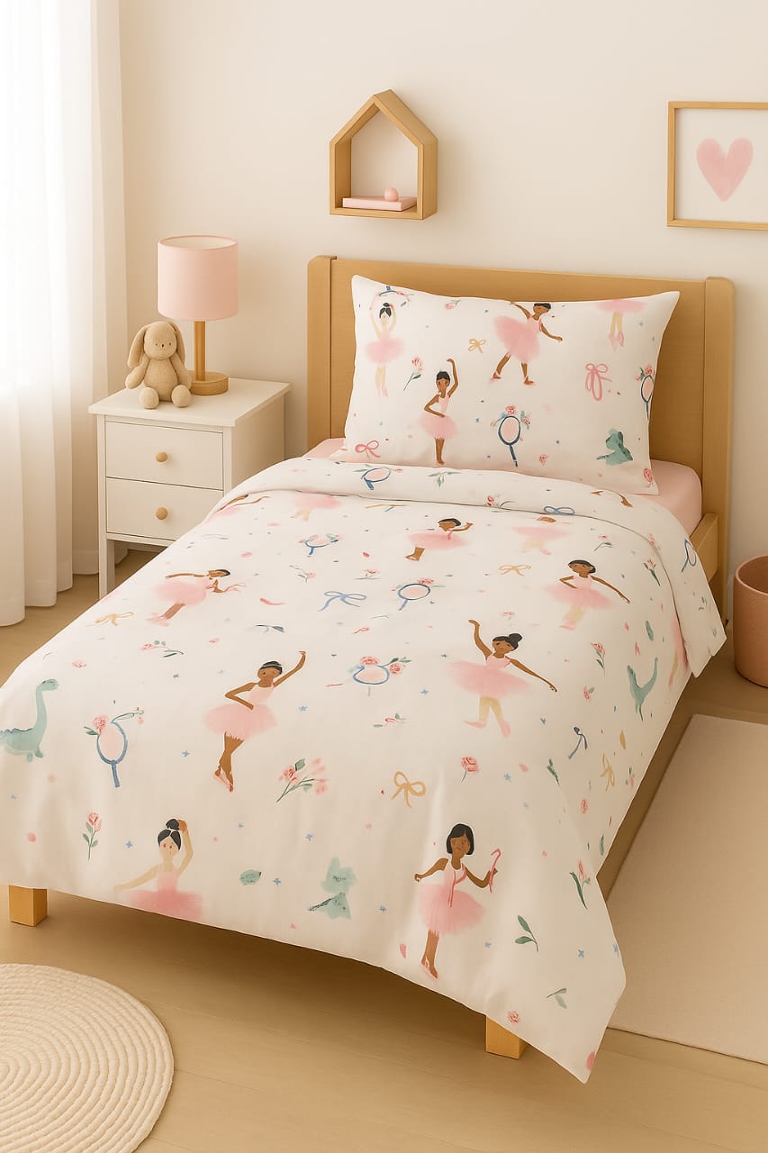 Pink Ballerina Dreams – Single premium Cotton Bedsheet (With Pink Piping Magzi)