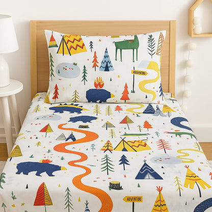 Adventure Trail – Premium Fitted Kids Bedsheet (Camping Theme)