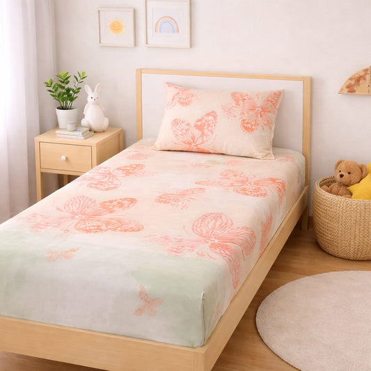 Peach Butterfly Meadow Kids Single Bedsheet Set