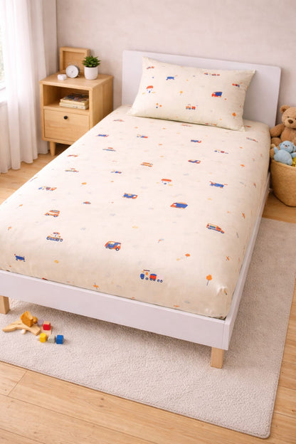 Little Wheels Cream Kids Single Bedsheet Set