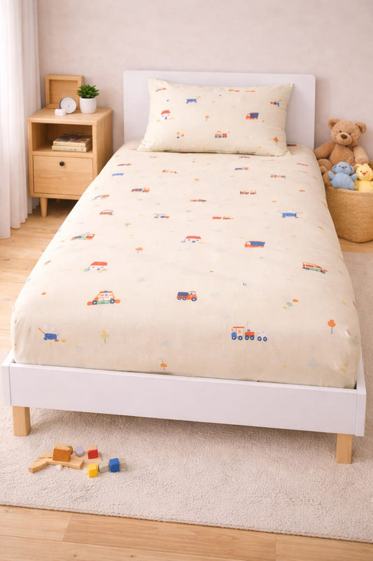 Little Wheels Cream Kids Single Bedsheet Set