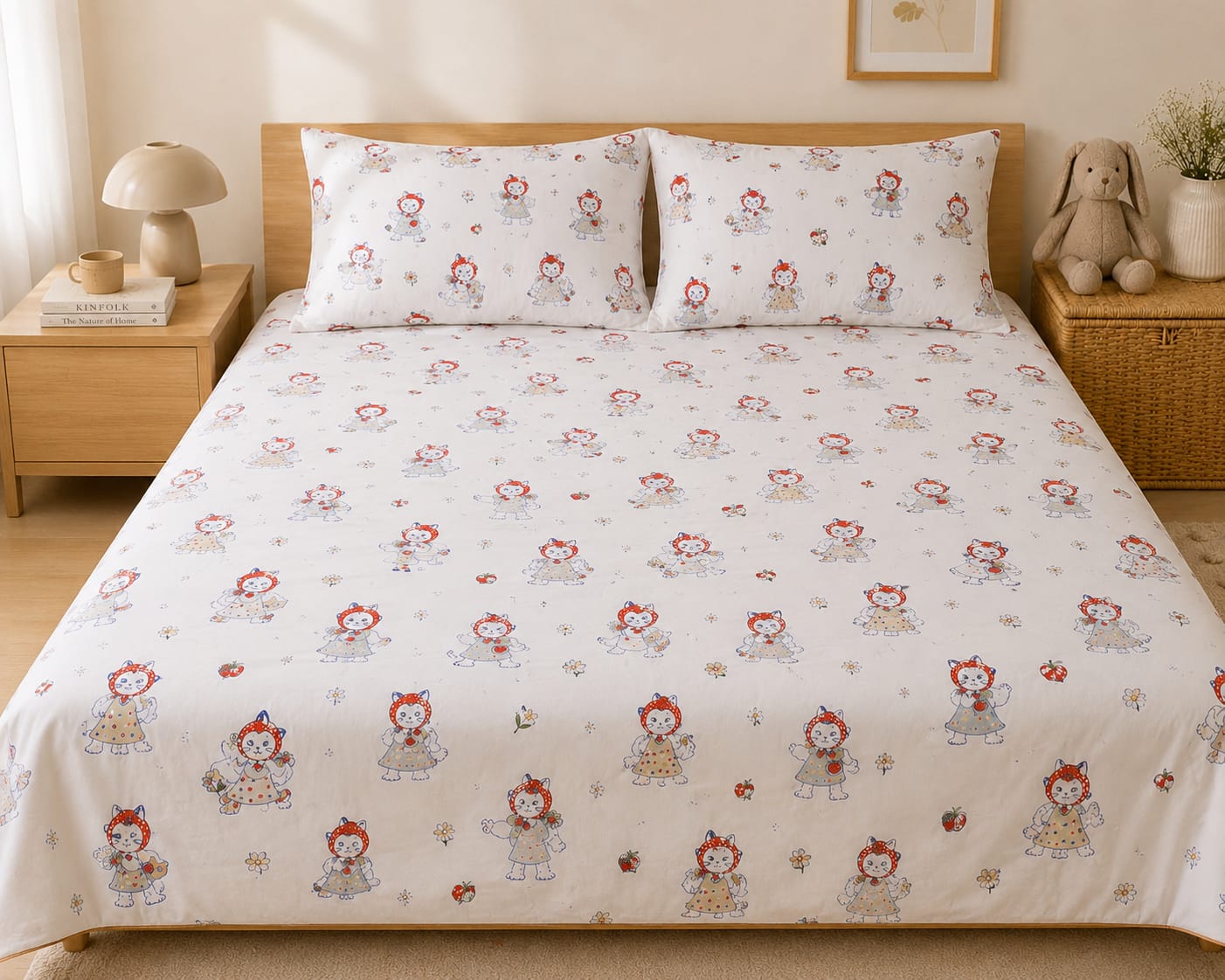Little Red Kitty Garden Double Bedsheet Set
