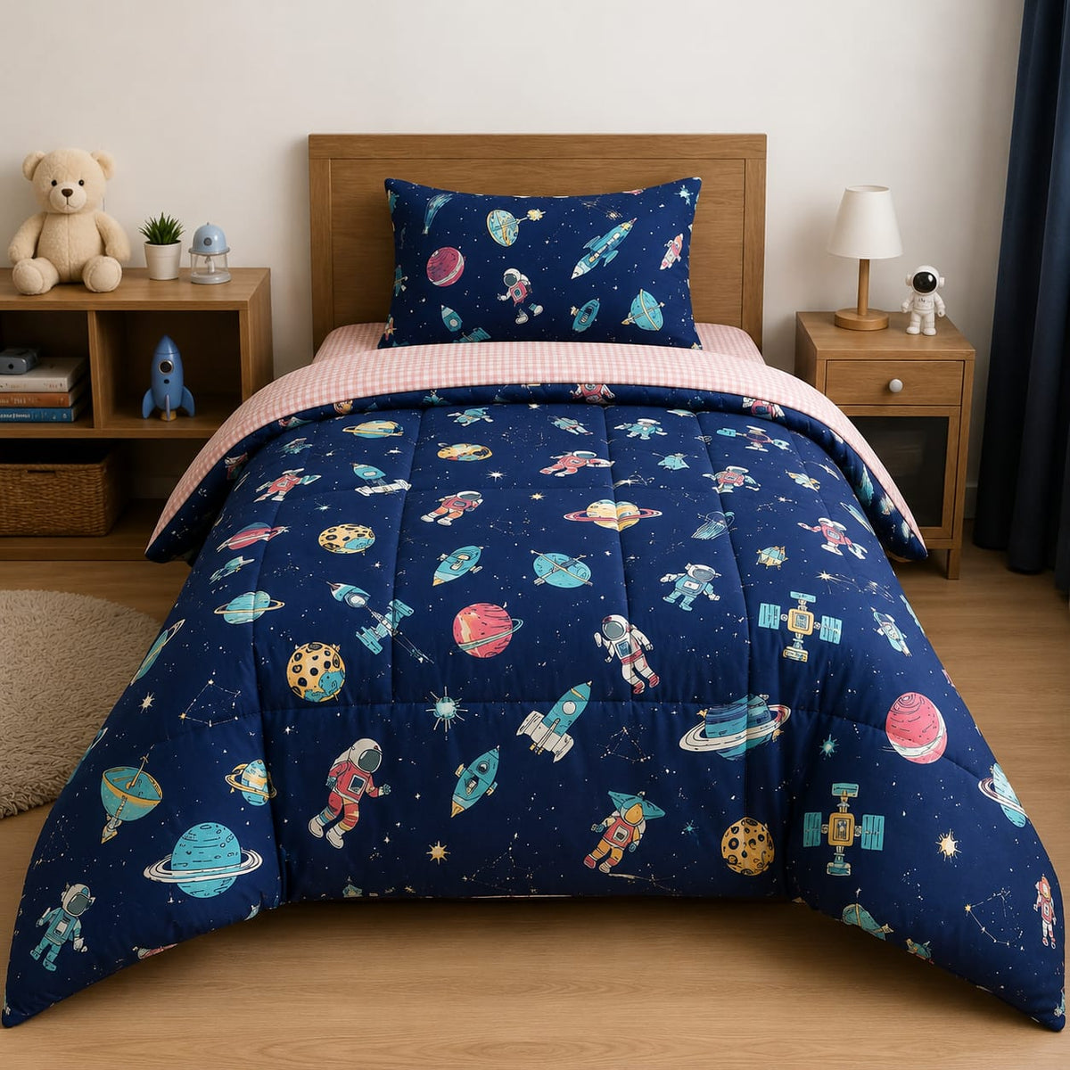Space Adventure Kids Single Comforter Set – 3 Piece Bedding Set with Bedsheet & Pillow Cover