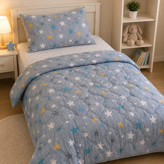 Grey Stars Kids Single Comforter Set – 3 Piece Bedding Set with Bedsheet & Pillow Cover