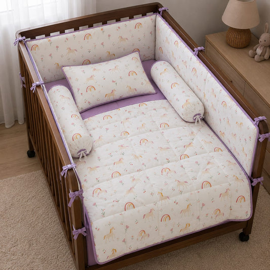 Dreamy Unicorn Rainbow 6 Piece Baby Cot Bedding Set – Lilac