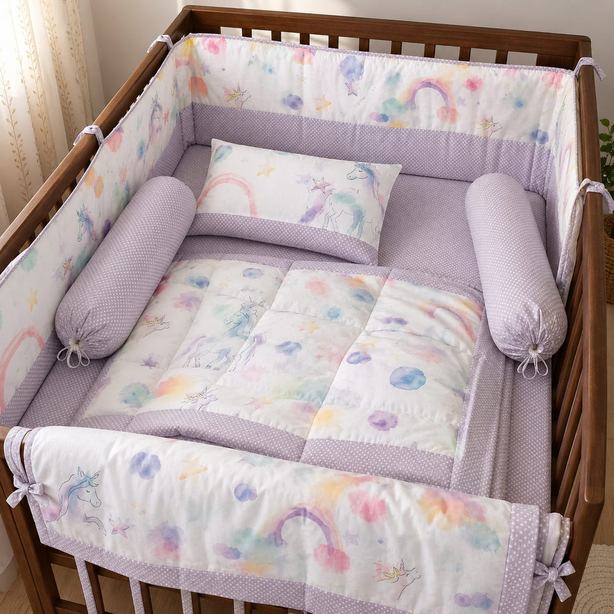 Pastel Unicorn 6-Piece Baby Cot Bedding Set | Soft Cotton Nursery Set