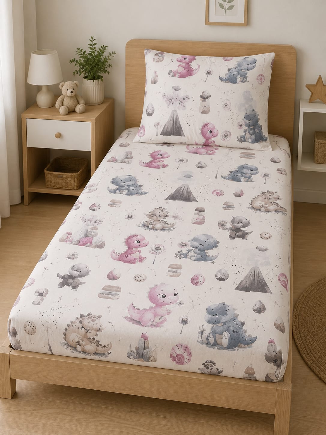 Dreamy Dino Kids Single Bedsheet Set – Soft Cotton Dinosaur Print Bedding